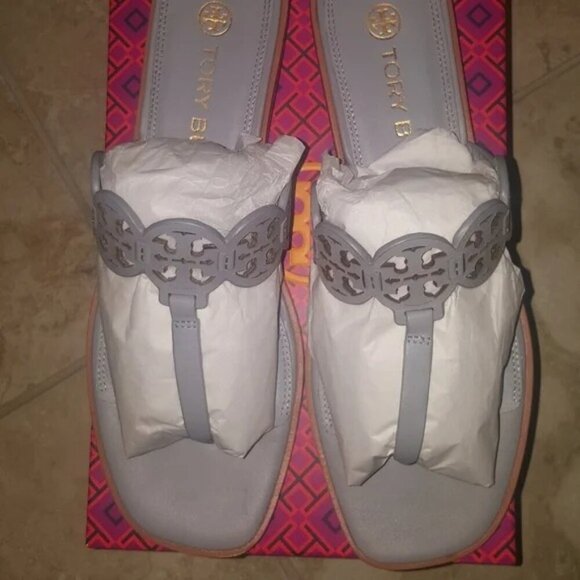 Tory Burch Mini Miller Pastel Blue Logo Leather Sandals - Picture 6 of 7